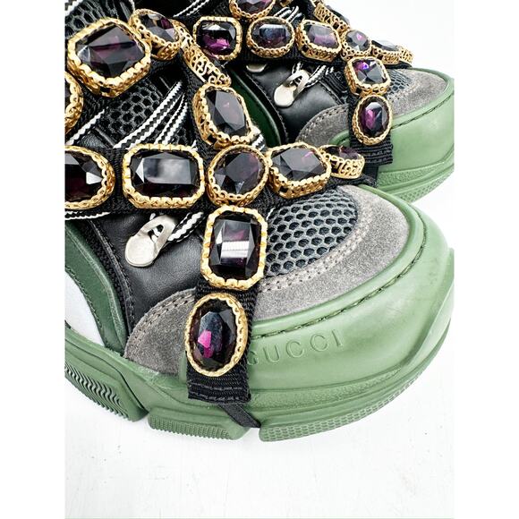 Gucci Flashtrek Chunky Green Gray Leather Crystal Embellished Sneakers Size 36 - Picture 8 of 9